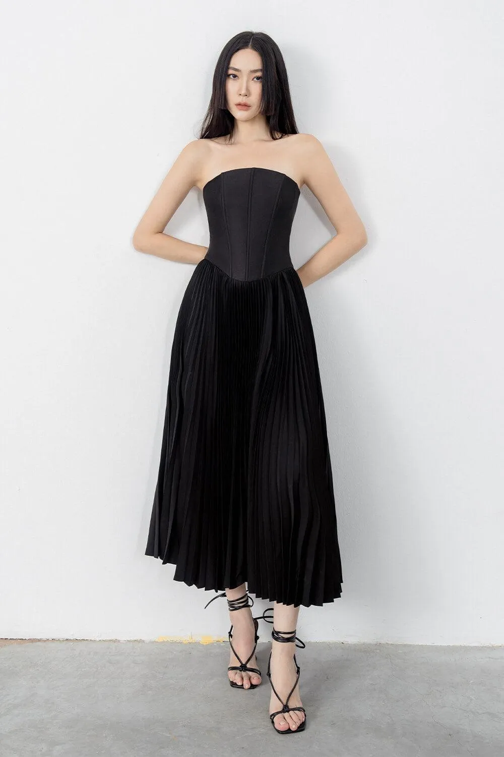 Aretha Strapless Straight Across Neck Taffeta Midi Dress