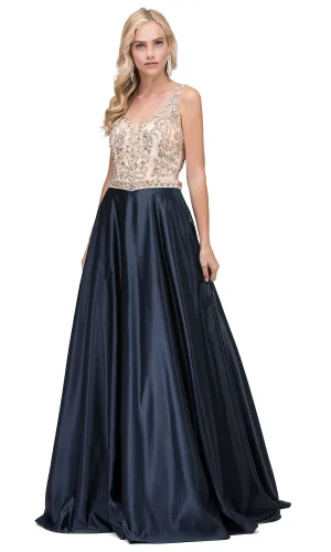 Beaded-Bodice Classic Formal Ball Gown with Pockets