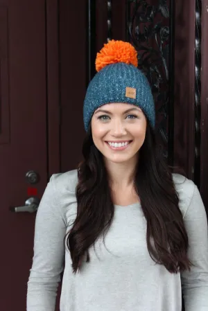 Blue Fleece Lined Knit Hat with Orange PomPom