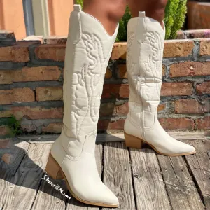 DALLAS/2024 Nude Faux Leather Boot Cowboy Western Styling with Stitching Detail