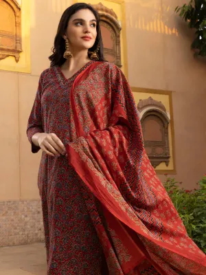 Embellished Neck Cotton Kurta with Afghani trouser and Flowy Mulmul Dupatta