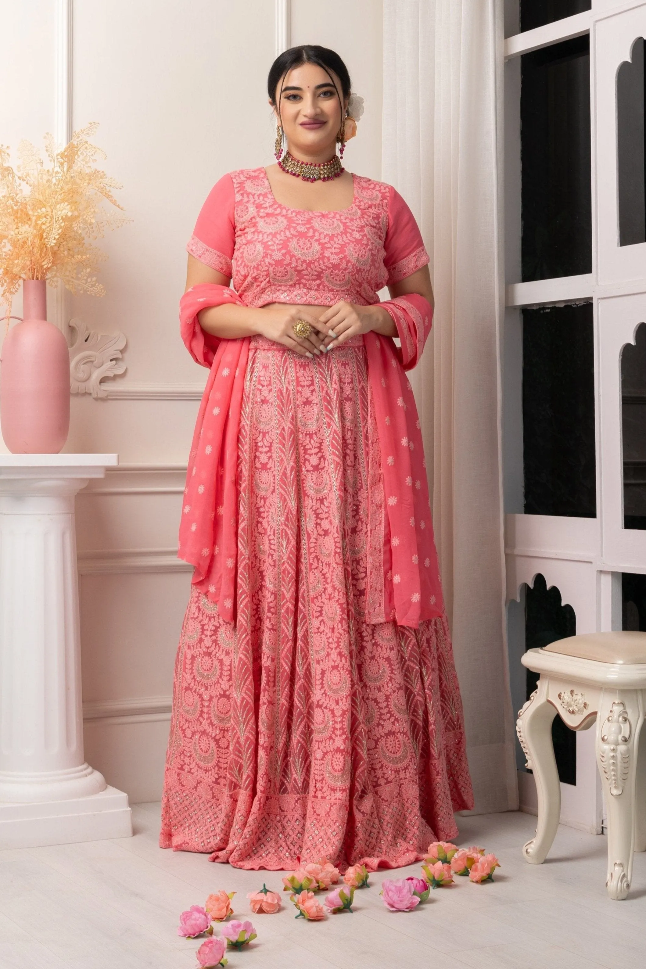 Gulabi Mehak Lucknowi Woven Lehenga