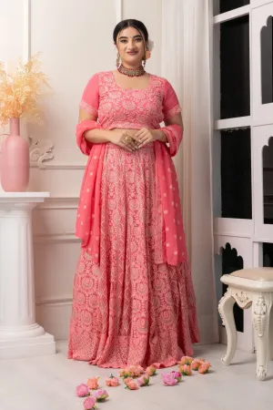 Gulabi Mehak Lucknowi Woven Lehenga