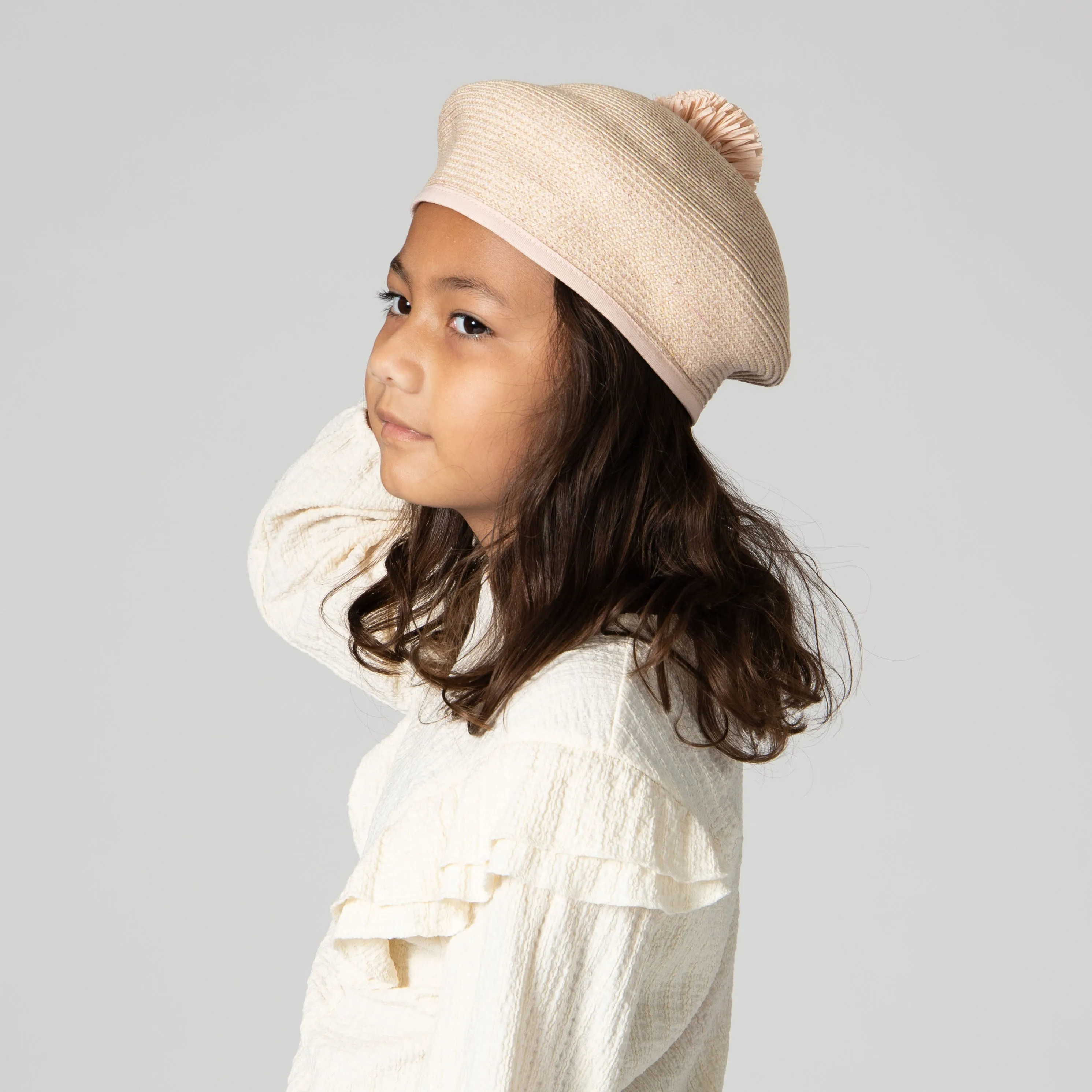 Kid Paper Braid Beret w/ Straw Pom Pom