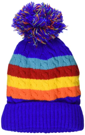 Kids’ Rainbow Striped Cable Knit Pom Pom Beanie Hat for Ages 5-7