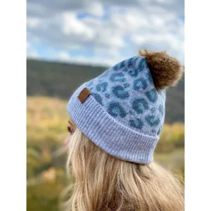 Leopard Fur CC Beanie Pom - Ice Blue