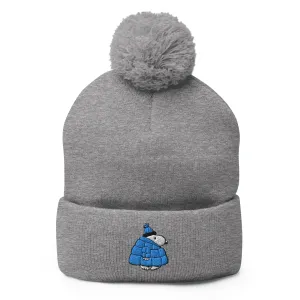 Cozy Snoopy Embroidered Pom Pom Beanie - Warm, Stylish Puffer Hat