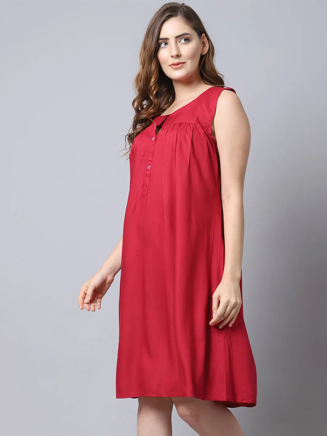 Solid Front Buttons Night Dress - Red