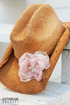 Straw Cowgirl Hat with handmade Rose & Vintage Jewelry pieces