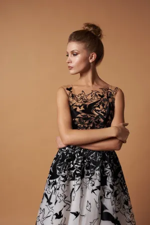 Whimsical Black and White Gown with Birds Motif